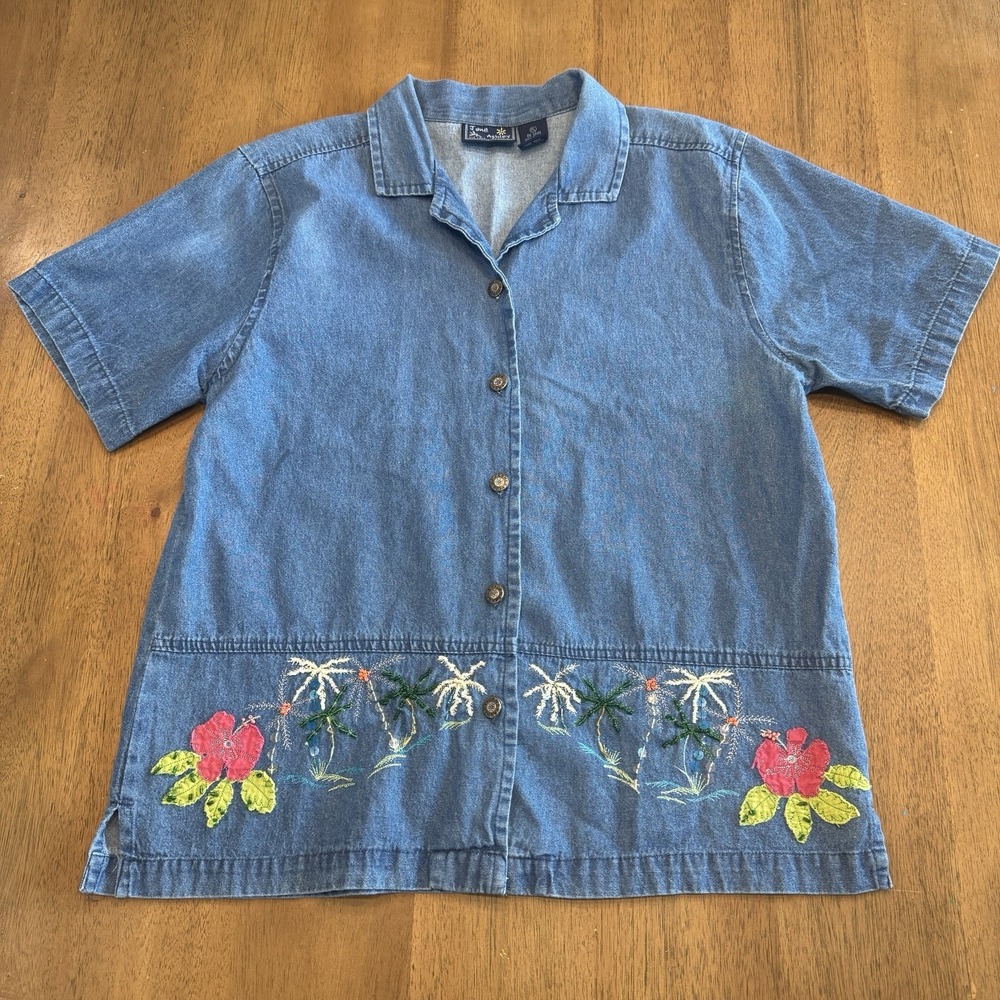 Vintage Jane Ashley top Womens Petite Large Denim‎ Floral beaded Short Sleeve